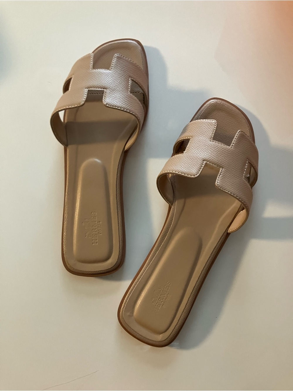 Hermes Neutral Tan Leather Oran Slide Sandals